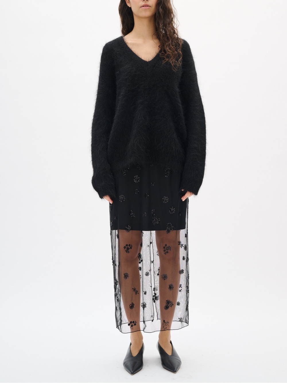 InWear Kui Black Sheer Embroidered Floral Sequin Skirt